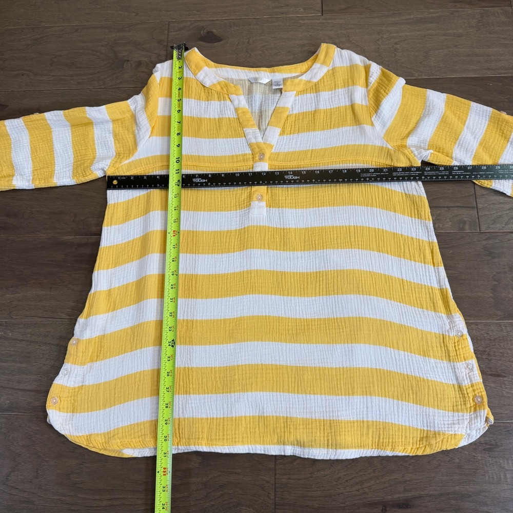 Kaktus Womens XL Yellow White Striped Cotton Gauze Roll Tab‎ Sleeve Tunic Top - Picture 6 of 7